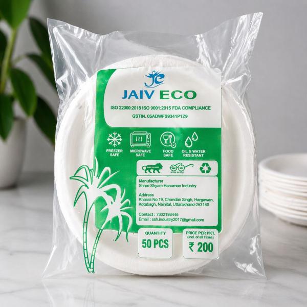 Jaiv Eco Disposable Plates | Biodegradable  E Co-Friendly Plates | Microwave  Freezer Safe (50 Pieces Pack)